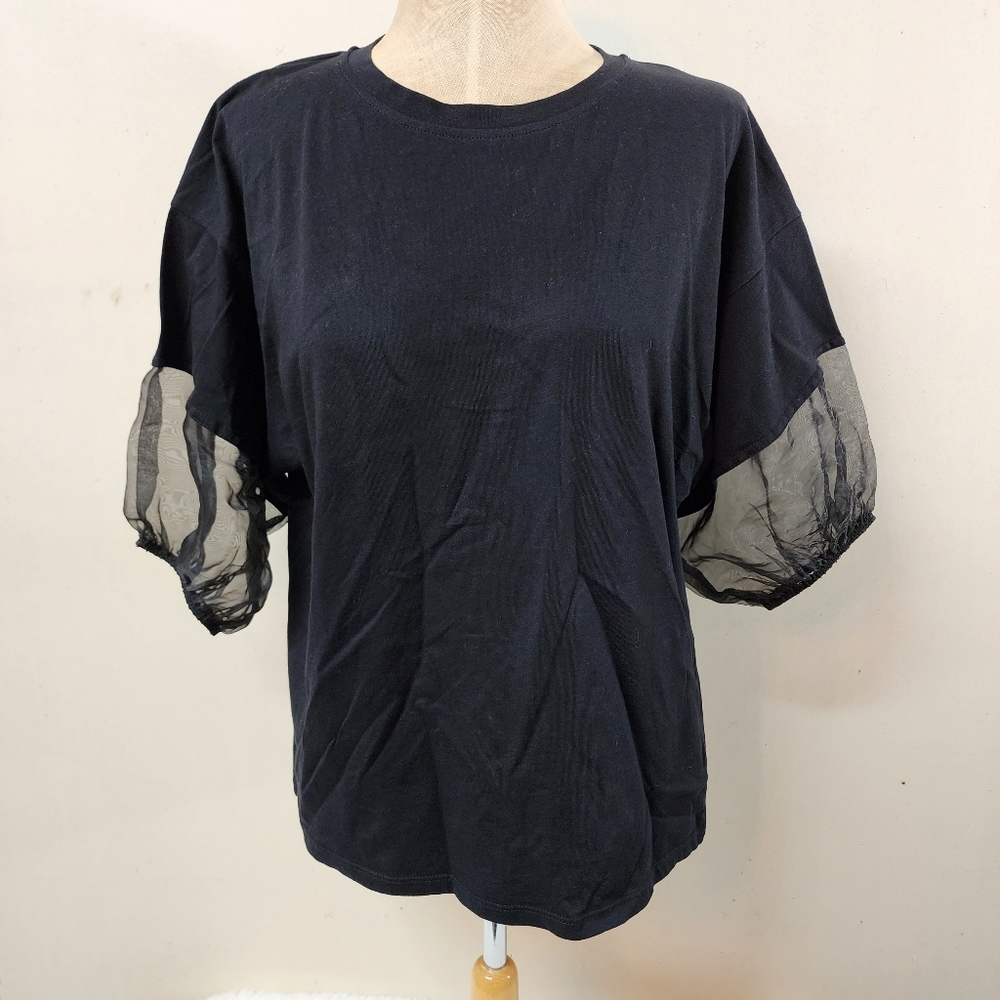 Zara womens solid black Crew Neck Bell short sleeve Sz M